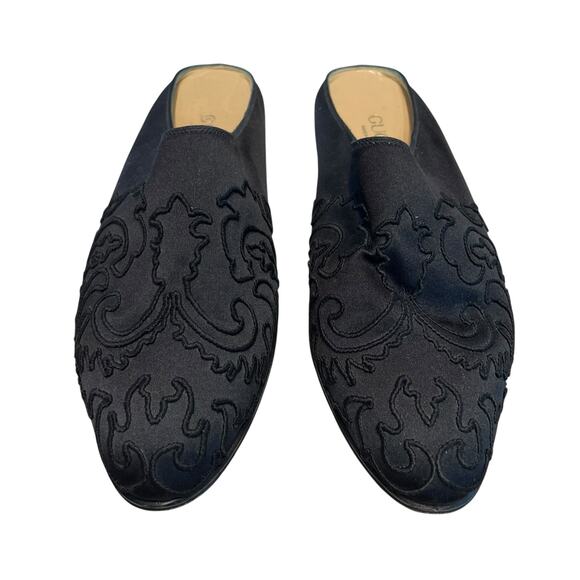 Vintage Gucci Satin Embroidered Mule Flats Black Womens 38.5 / US 8.5 - Picture 1 of 9